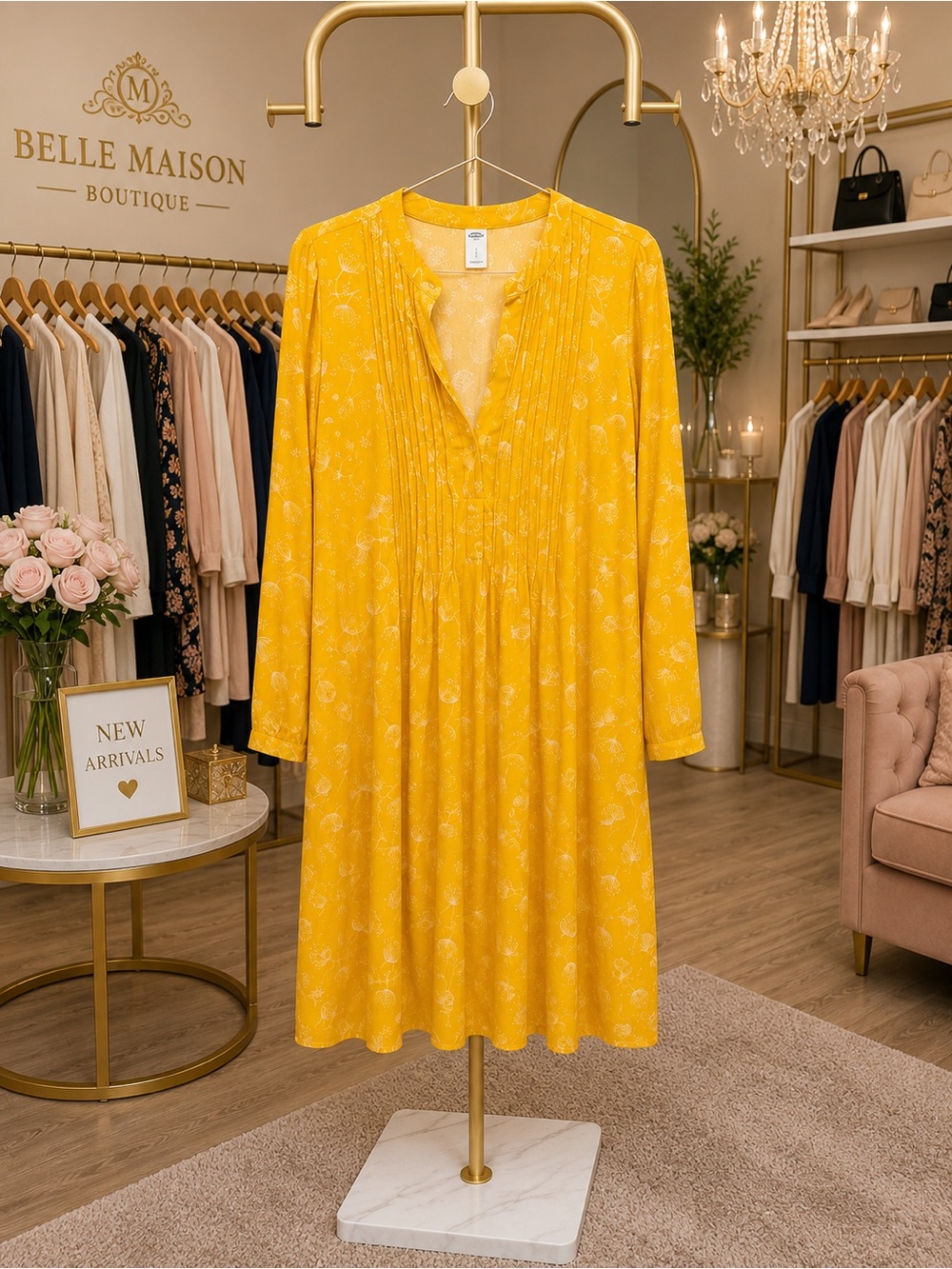 Old Navy Yellow Floral Long-Sleeve V-Neck Swing Dress